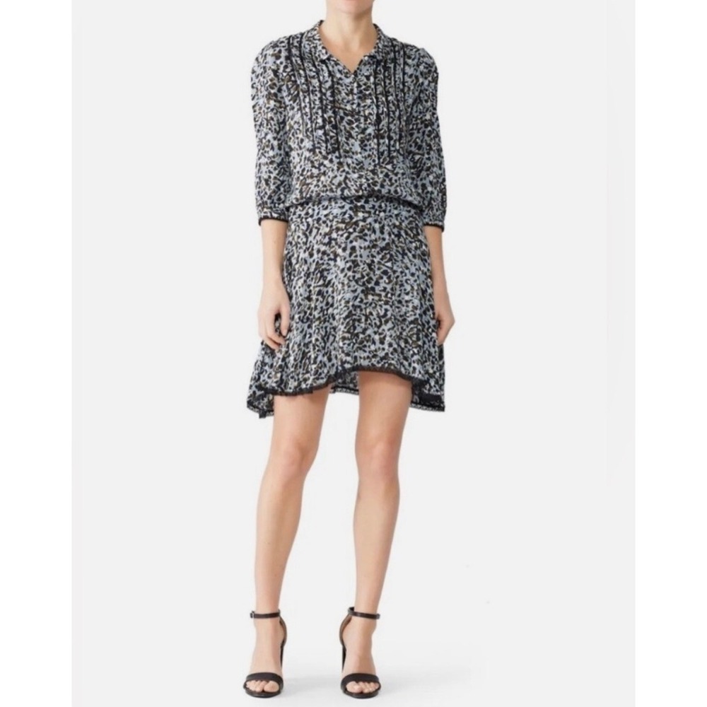 Zadig & Voltaire Raspail Blue Leopard Print Mini Dress Lace Trim Size Medium